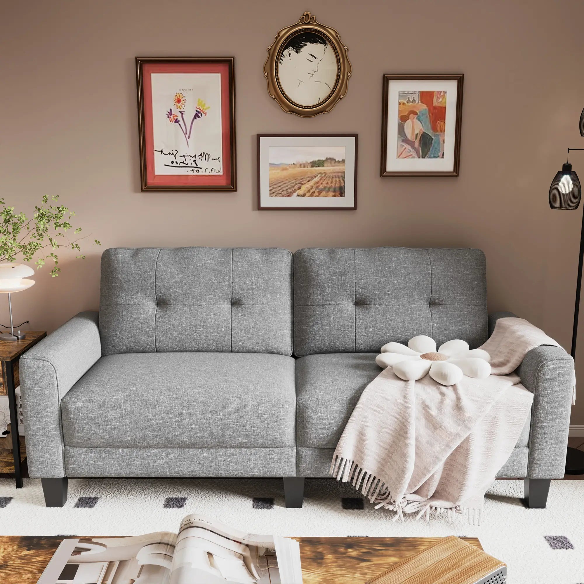 3-Seater Sofa, Mid-Century Linen Couch, Upholstered Seat, Gray 3-Seater Sofas at Gallery Canada