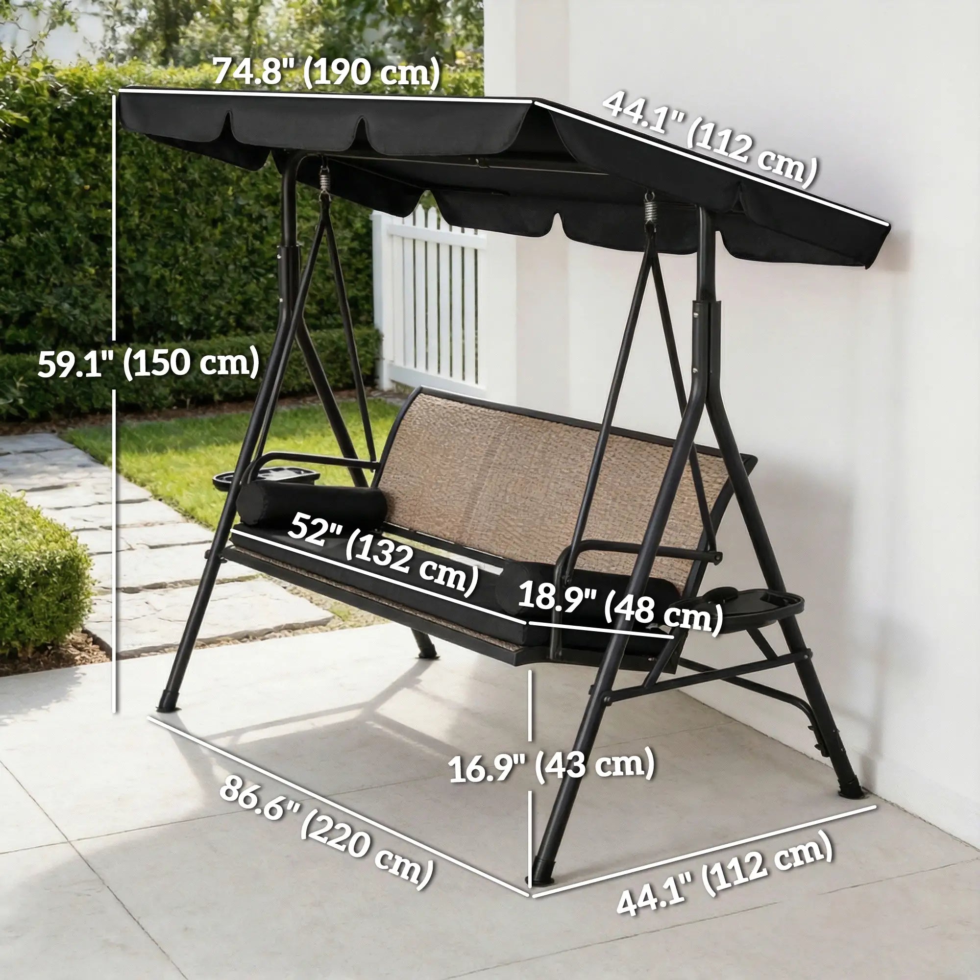 Outdoor 3-Seat Porch Swing, Rattan Seat, Removable Cushion Patio Swings with Stand at Gallery Canada