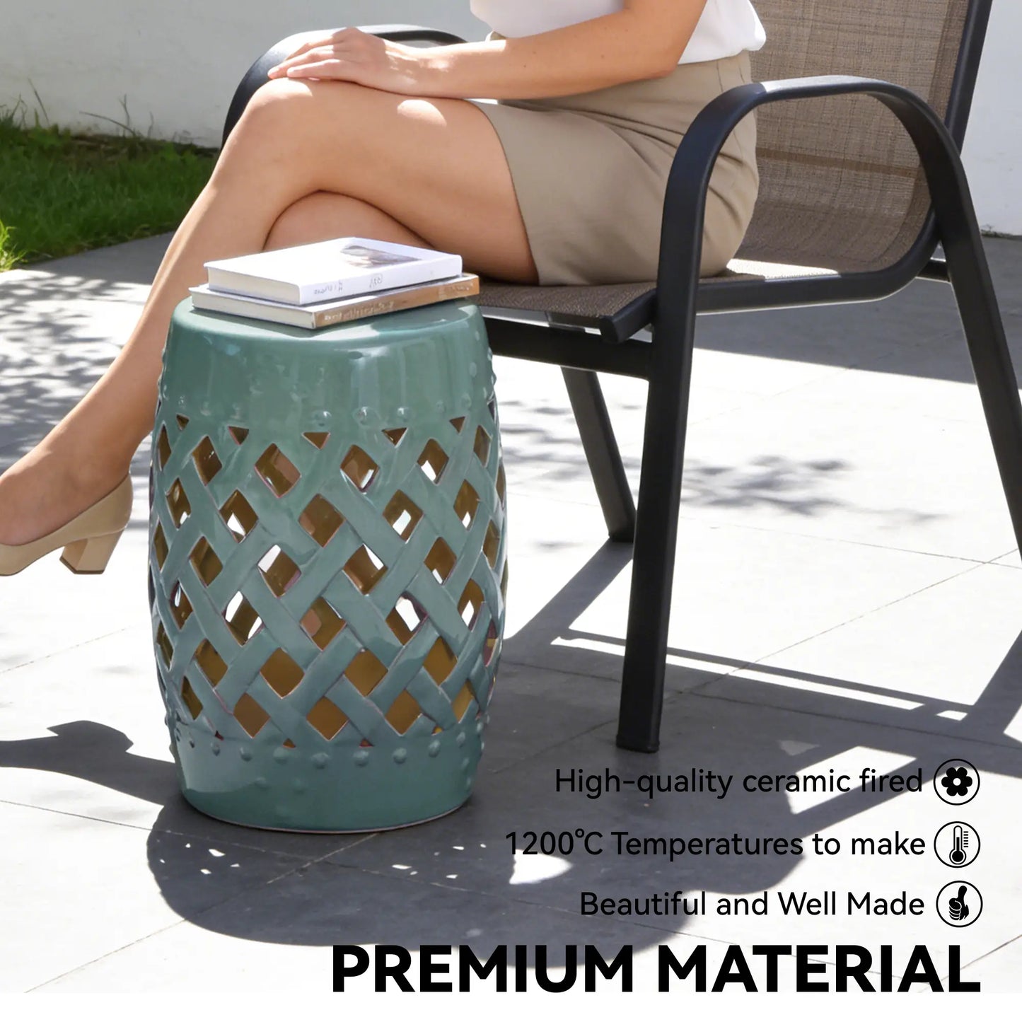 18" Ceramic Garden Stool, Woven Lattice Design, Indoor Outdoor, Blue Patio Chairs at Gallery Canada