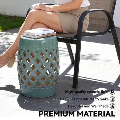 18" Ceramic Garden Stool, Woven Lattice Design, Indoor Outdoor, Blue Patio Chairs at Gallery Canada