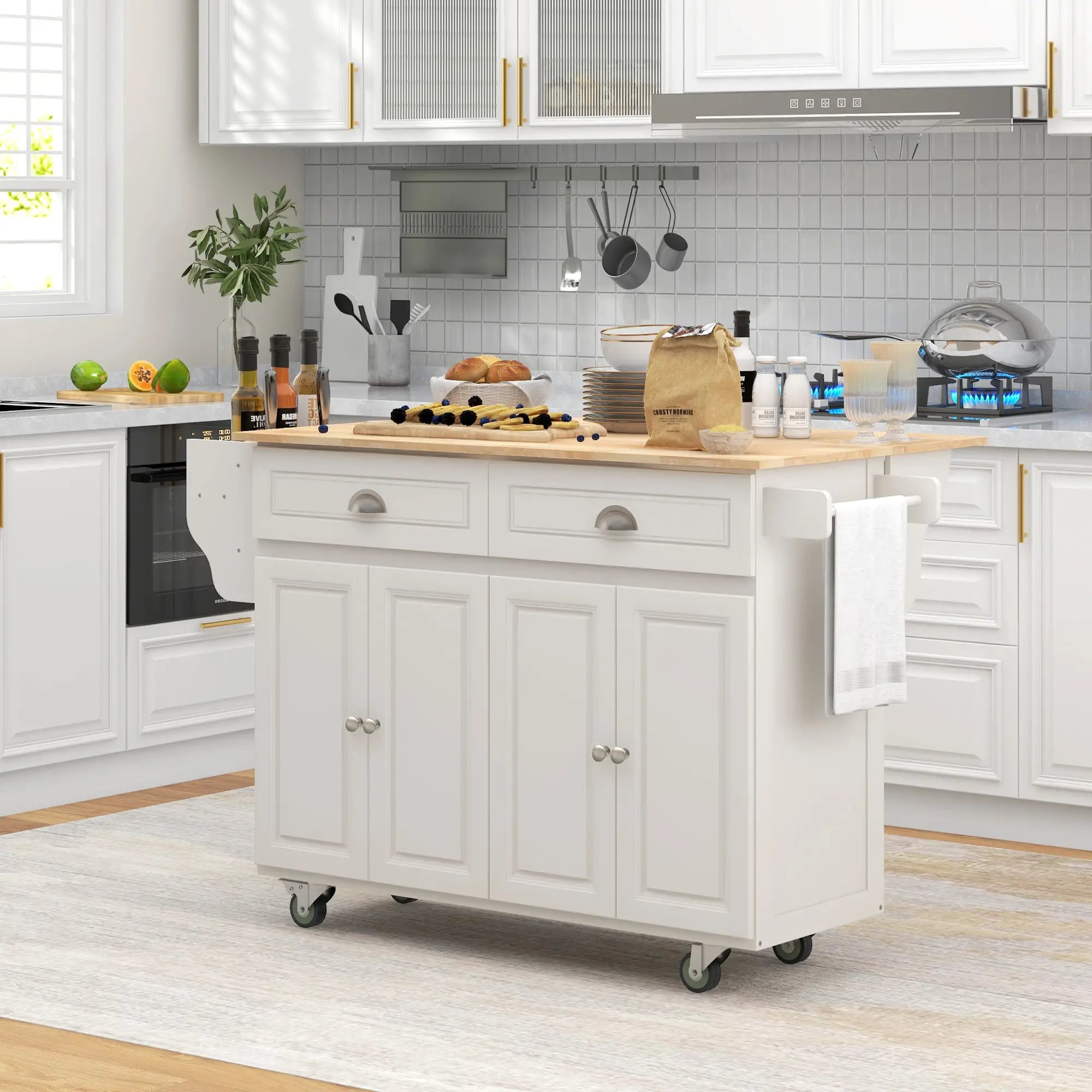 Kitchen Island with Storage, Drop Leaf, Rubber Wood Top, Cream White Kitchen Islands & Kitchen Carts at Gallery Canada
