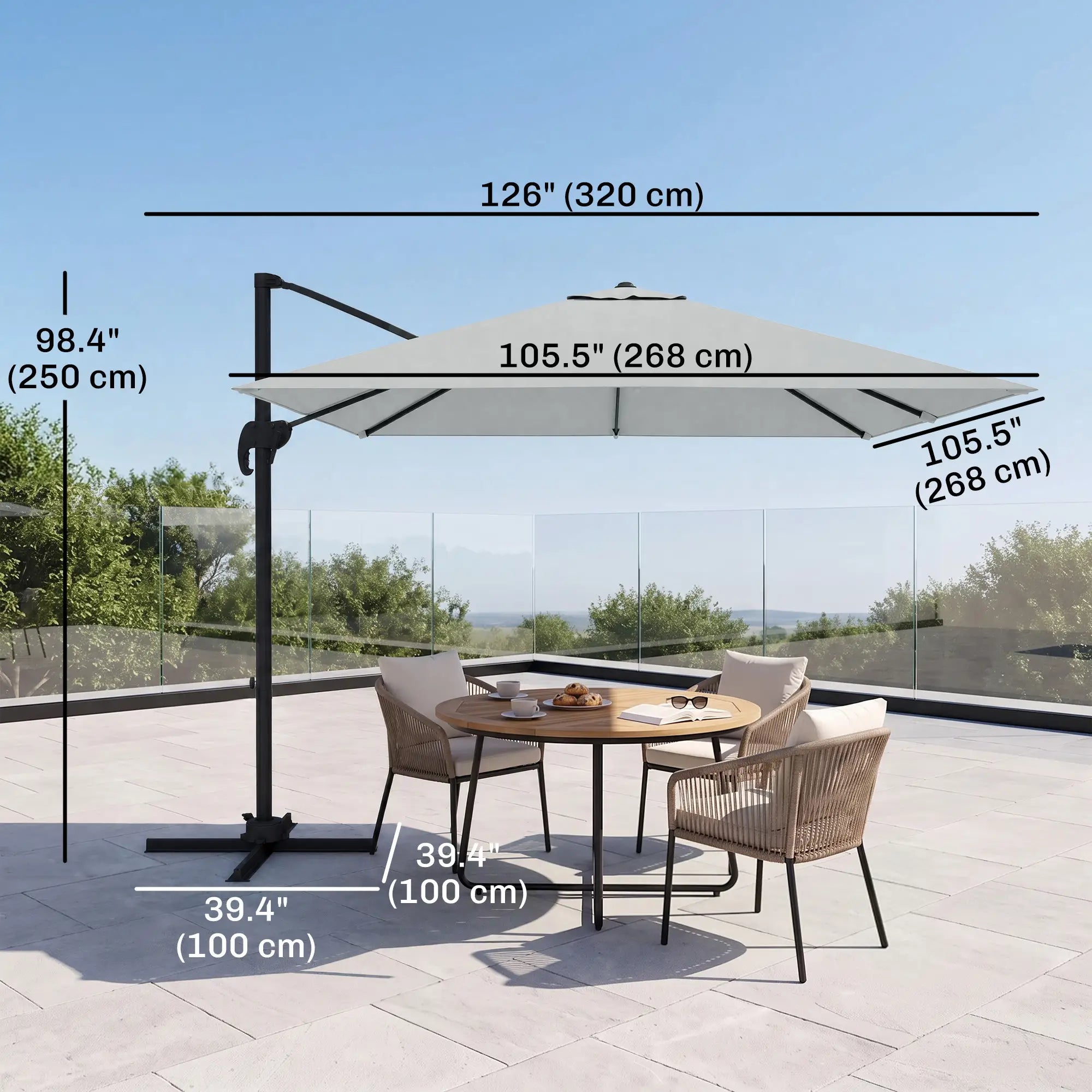9ft Square Cantilever Patio Umbrella, Cross Base, Crank Handle, Light Grey Offset Cantilever Umbrellas at Gallery Canada