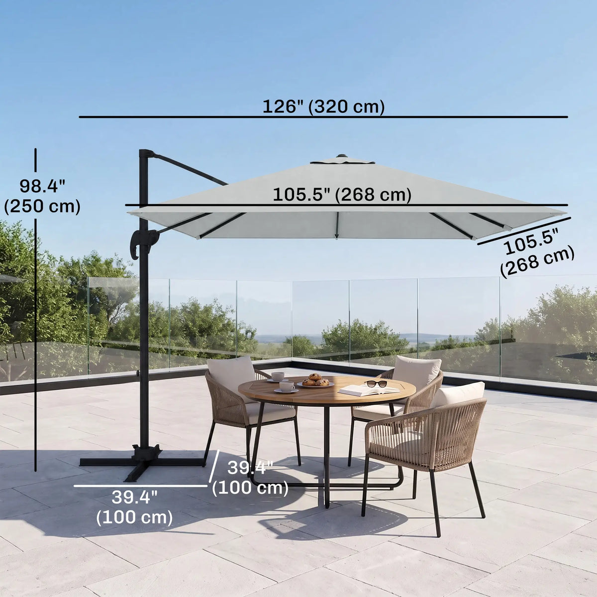 9ft Square Cantilever Patio Umbrella, Cross Base, Crank Handle, Light Grey Offset Cantilever Umbrellas at Gallery Canada