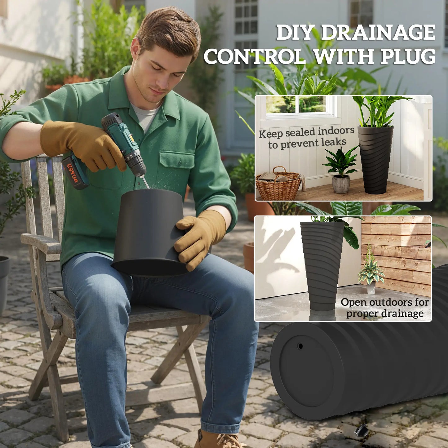 29" Tall Stackable Planters, Set of 2, Indoor Outdoor, Black Planter Set at Gallery Canada