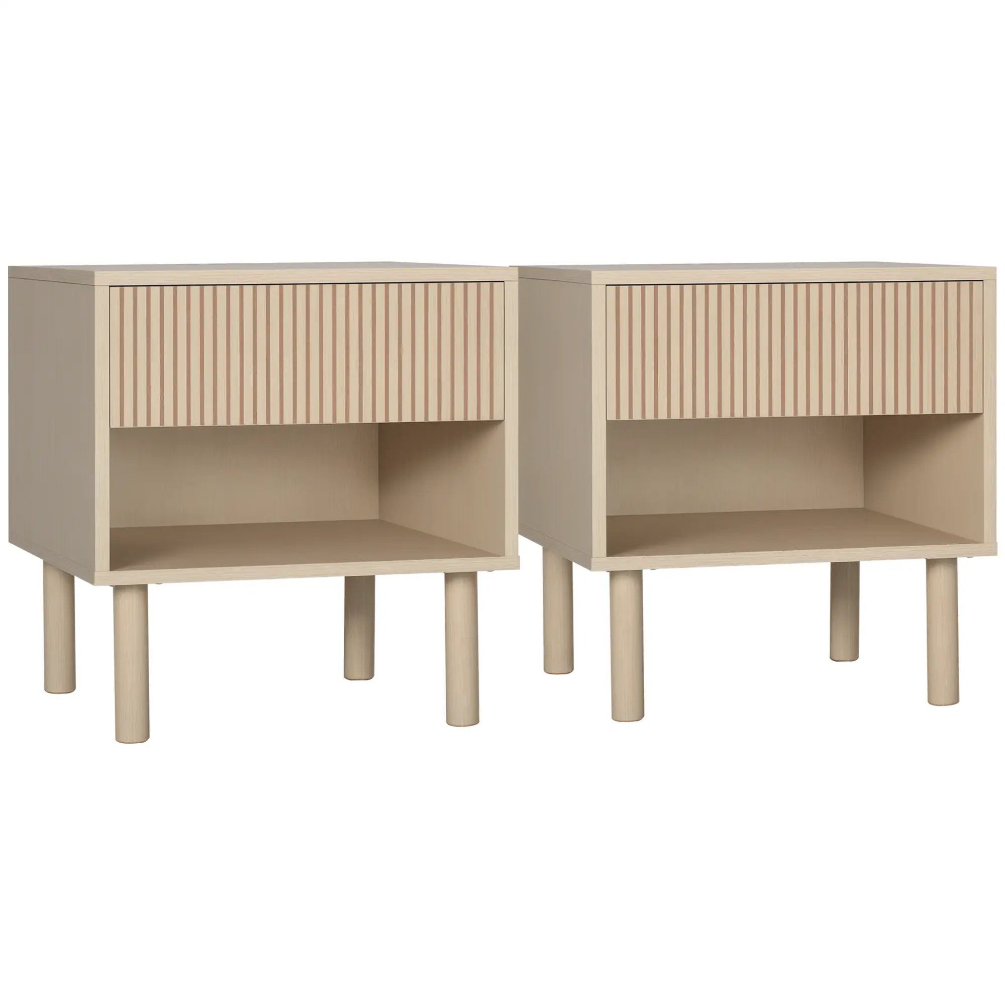 Set of 2 Nightstands, Storage Shelf, Drawer, Natural Wood Bedside Tables at Gallery Canada