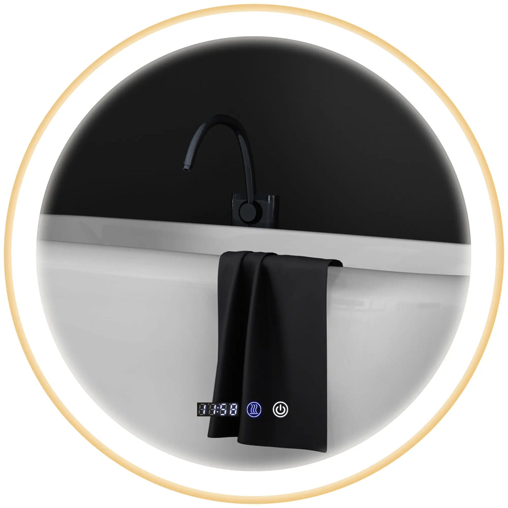 24" Round LED Bathroom Mirror, Anti-Fog, Time Temp Display, Gold Wall Mirrors at Gallery Canada