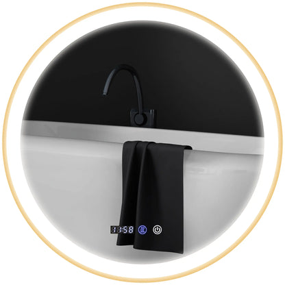 24" Round LED Bathroom Mirror, Anti-Fog, Time Temp Display, Gold Wall Mirrors at Gallery Canada