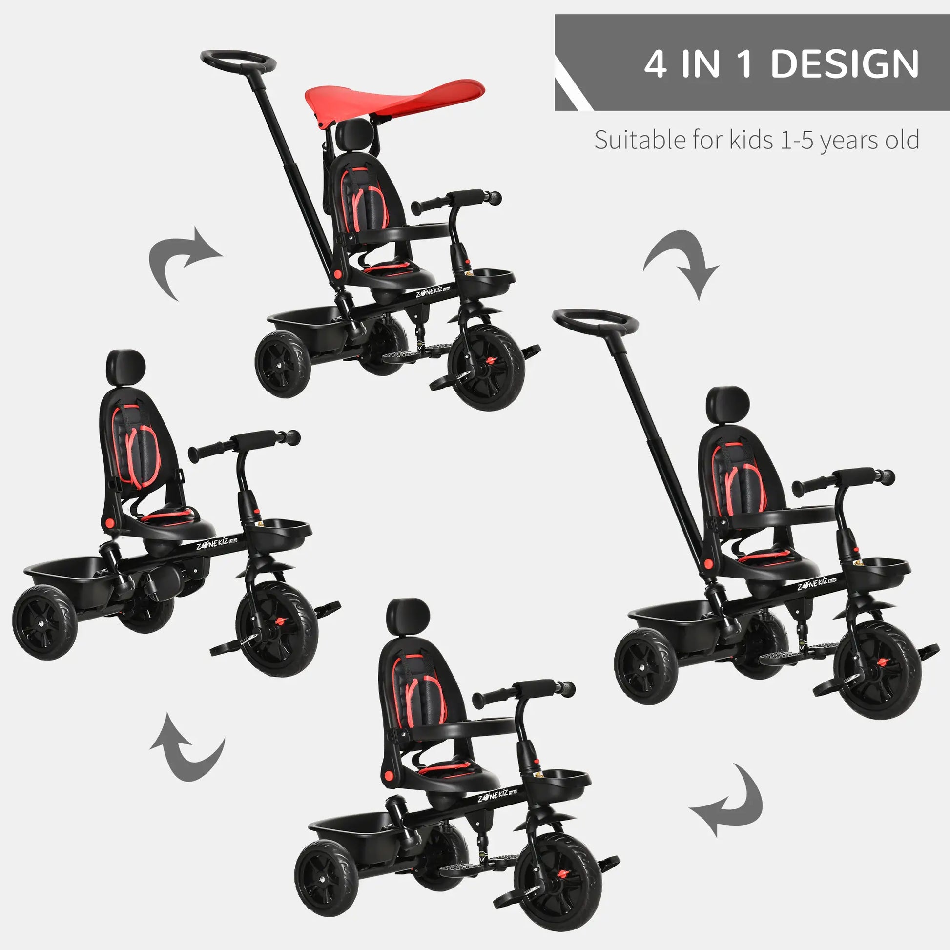 Kids Tricycle, 4 In 1 Trike, Adjustable Seat, Removable Canopy, Red Tricycles for Kids at Gallery Canada