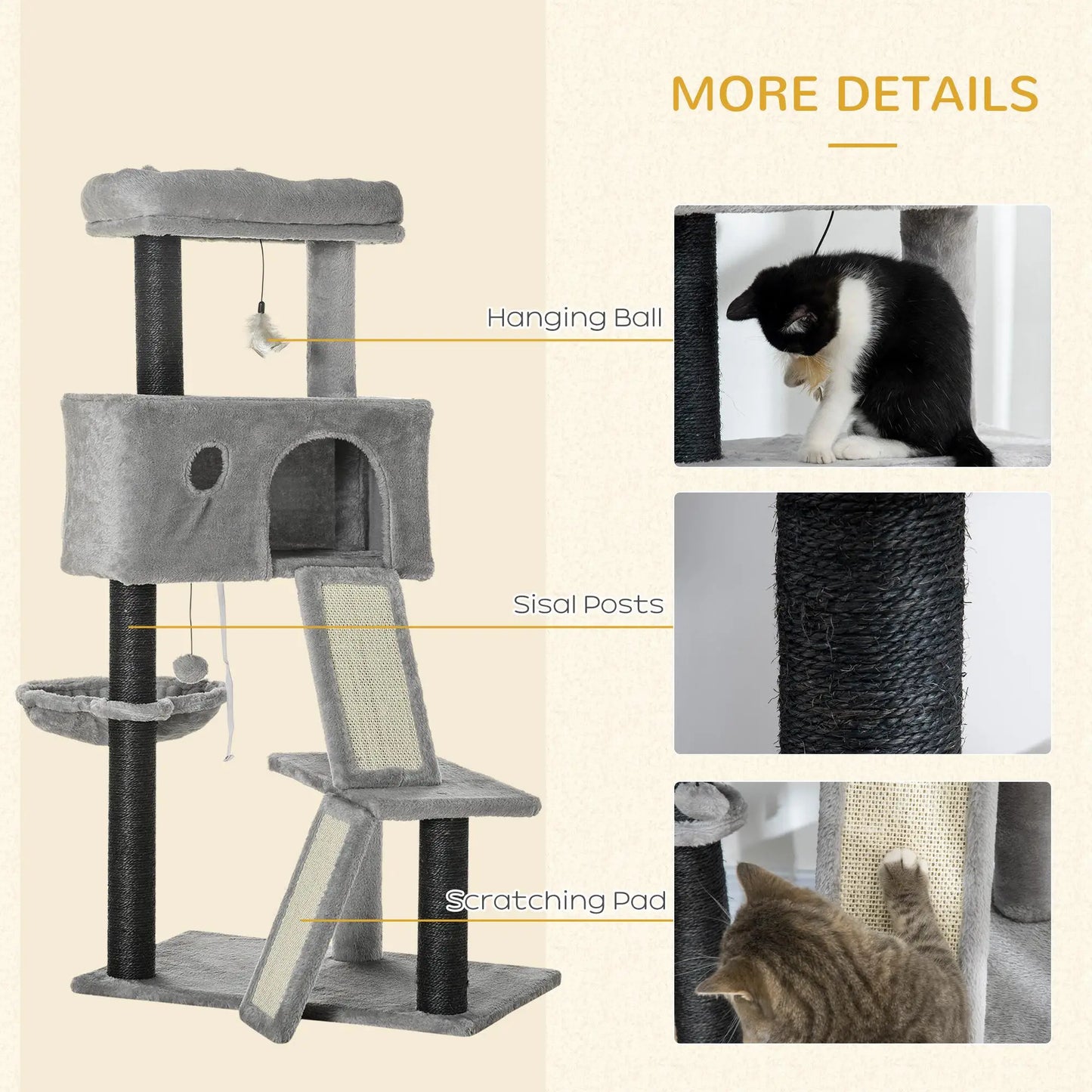 47" Cat Tree, Kitty Activity Center with Scratching Post, Light Grey Cat Towers at Gallery Canada