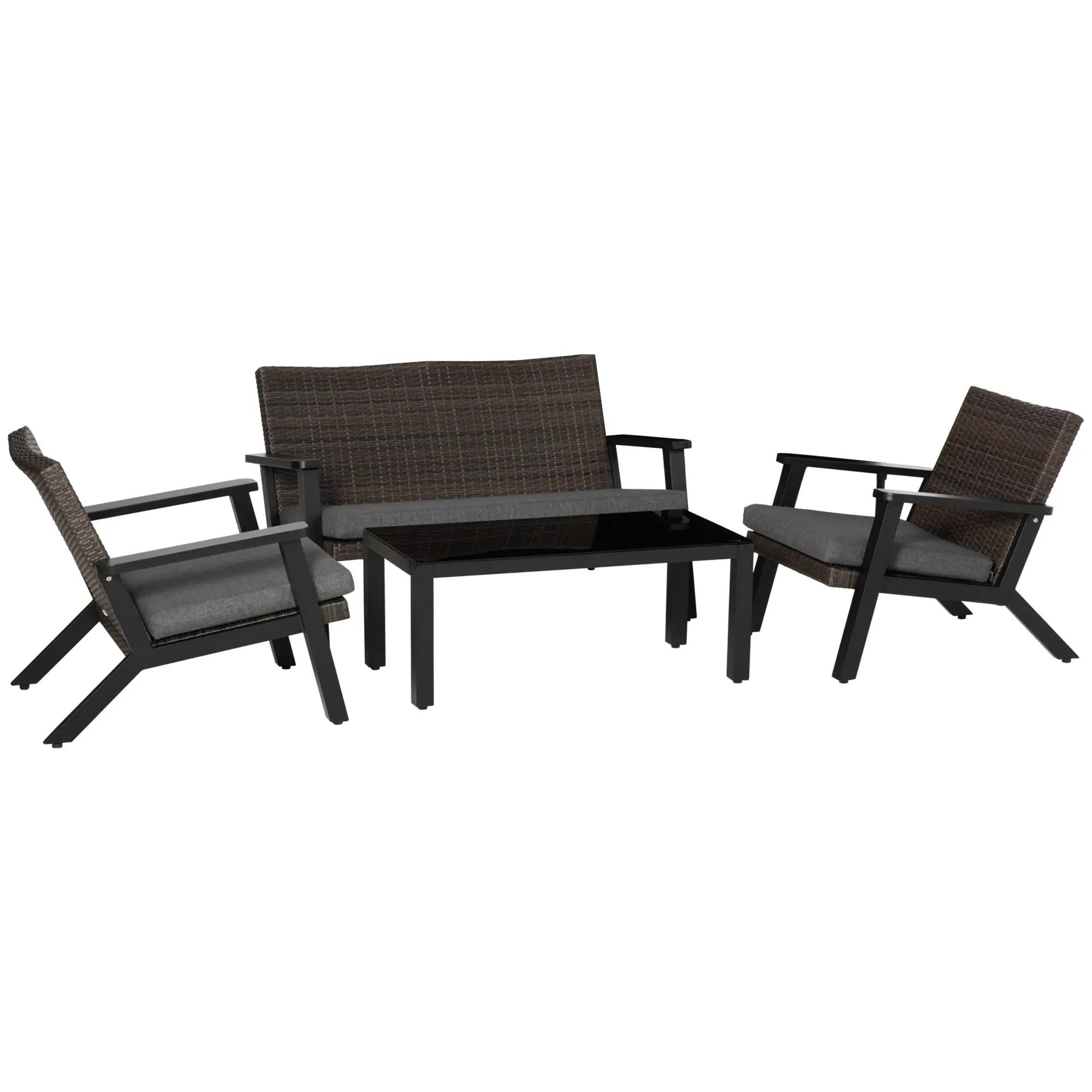4pc Patio Furniture Set, Aluminum Frame, PE Rattan, 2 Sofas, 1 Loveseat, Coffee Table, Tempered Glass Top, Black, Grey Patio Furniture Sets Black, Grey at Gallery Canada