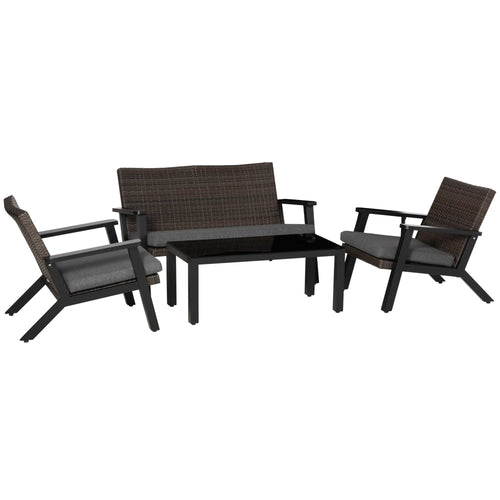 4pc Patio Furniture Set, Aluminum Frame, PE Rattan, 2 Sofas, 1 Loveseat, Coffee Table, Tempered Glass Top, Black, Grey