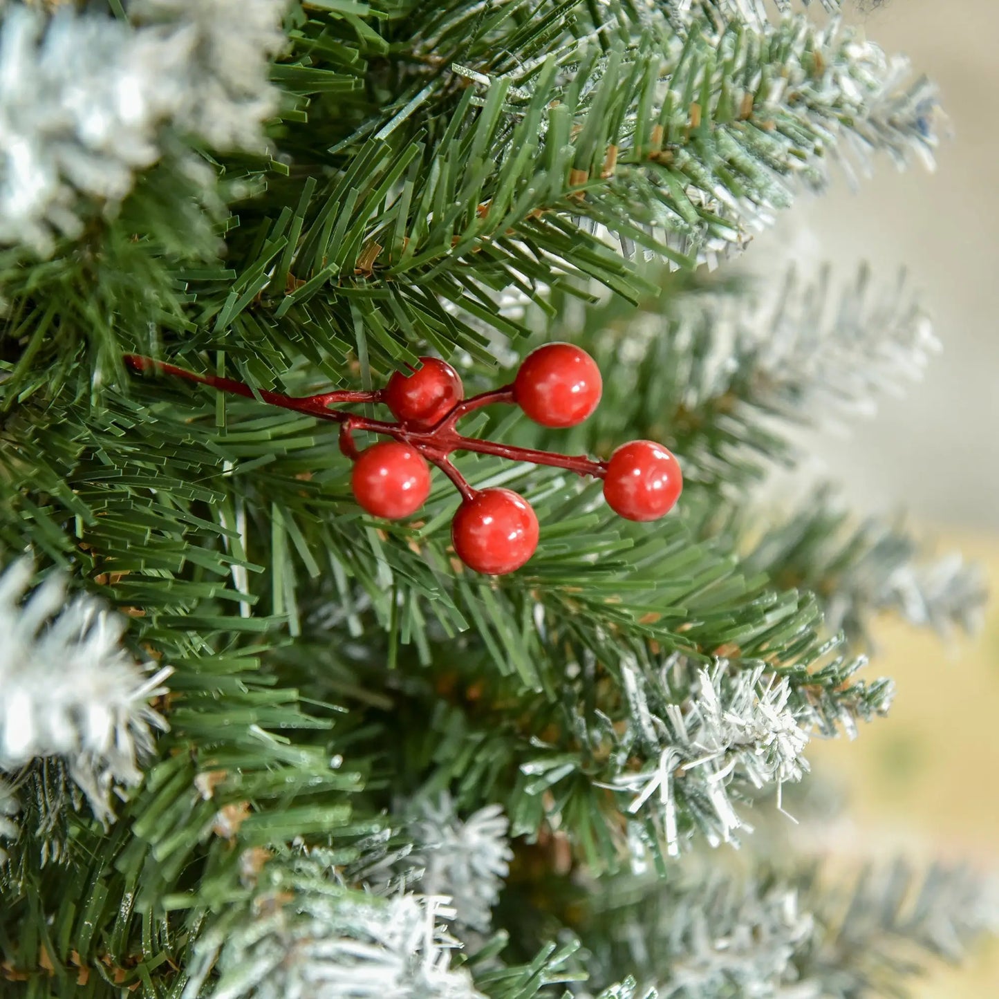 5ft Flocked Christmas Tree, Red Berries Pine Cones, Pencil Shape, Green Pencil Christmas Trees at Gallery Canada