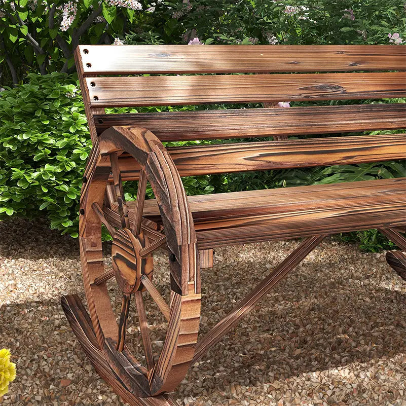 Wood Outdoor Loveseat, Carbonized, Wagon Wheel Armrests Outdoor Rocking Chairs at Gallery Canada