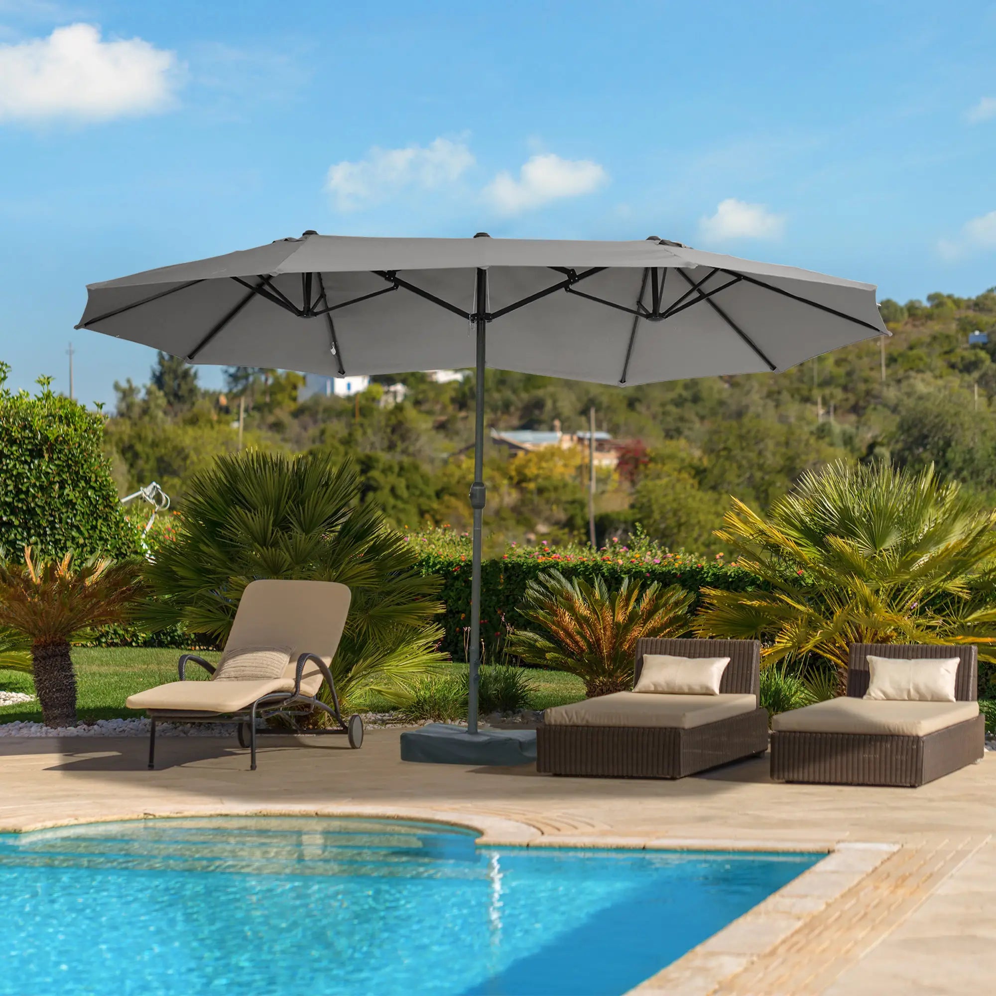 15' Outdoor Patio Umbrella, Twin Canopy Sunshade, Steel Table, Lift Crank, Dark Grey Sun Umbrellas at Gallery Canada