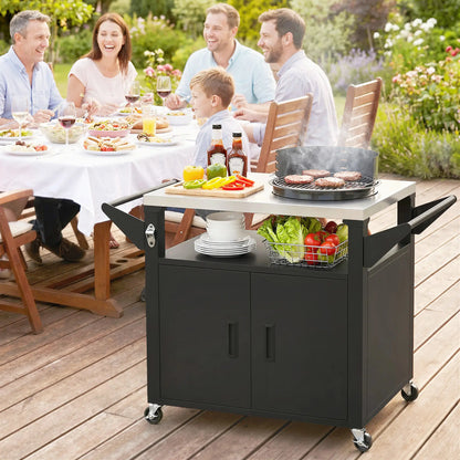 Outdoor Grill Cart, Stainless Steel Tabletop, 3-Shelf Pizza Oven Stand, Storage Cabinet, Wheels, Black Outdoor Grill Carts at Gallery Canada