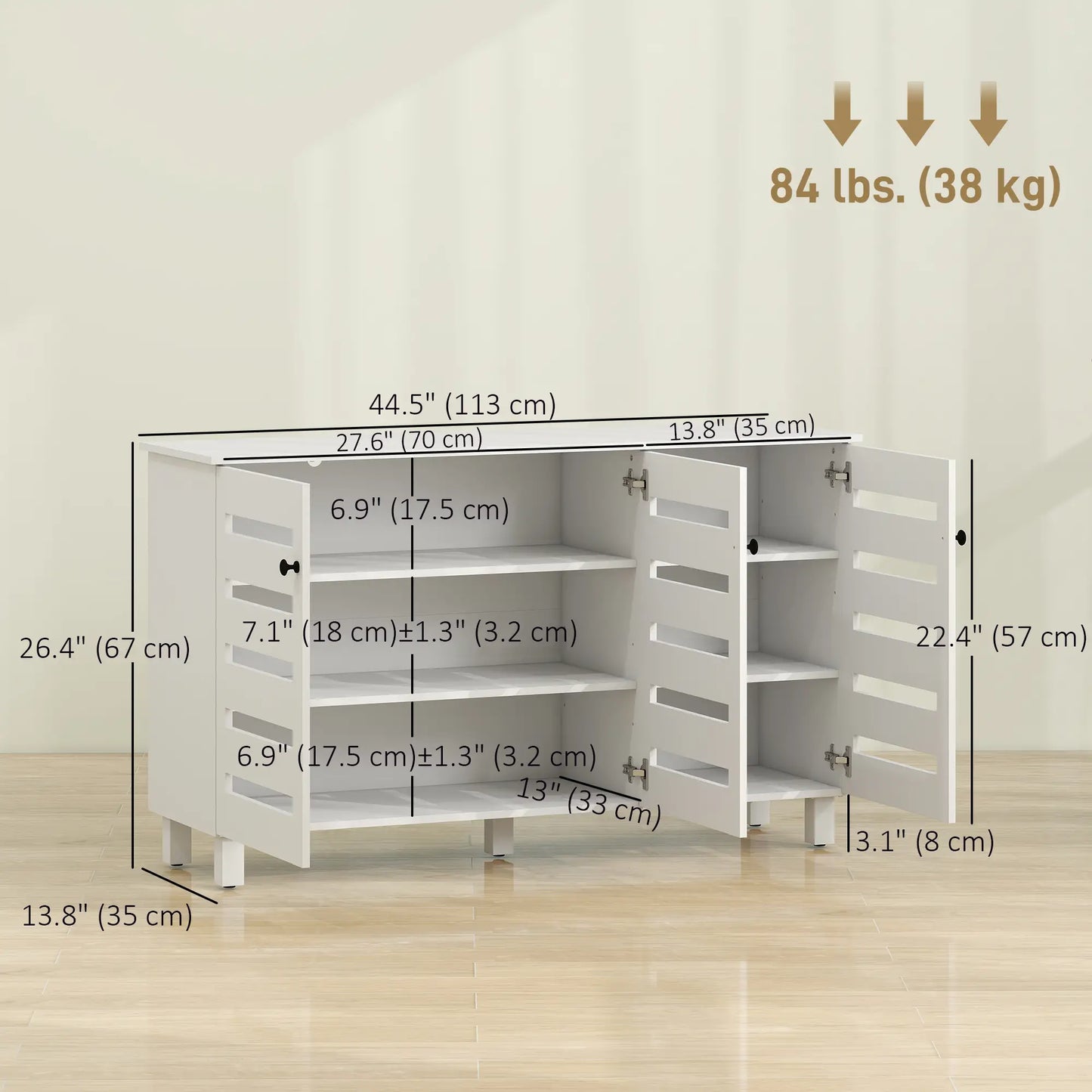 3-Door Shoe Cabinet, 3-Tier Adjustable Shelves For 15 Pairs, White