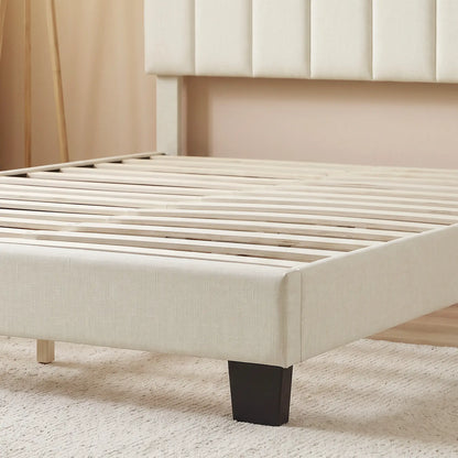Queen Size Bed Frame, Adjustable Headboard, Linen-Feel Upholstered, Beige