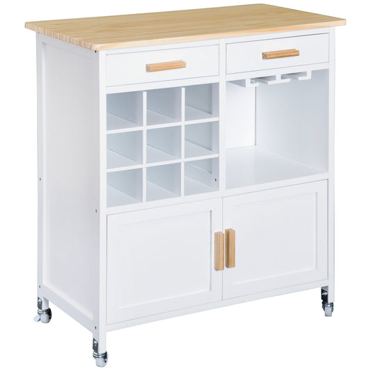 Portable Kitchen Trolley with Bamboo Top Storage Cabinet and Wine Rack (White) - Gallery Canada