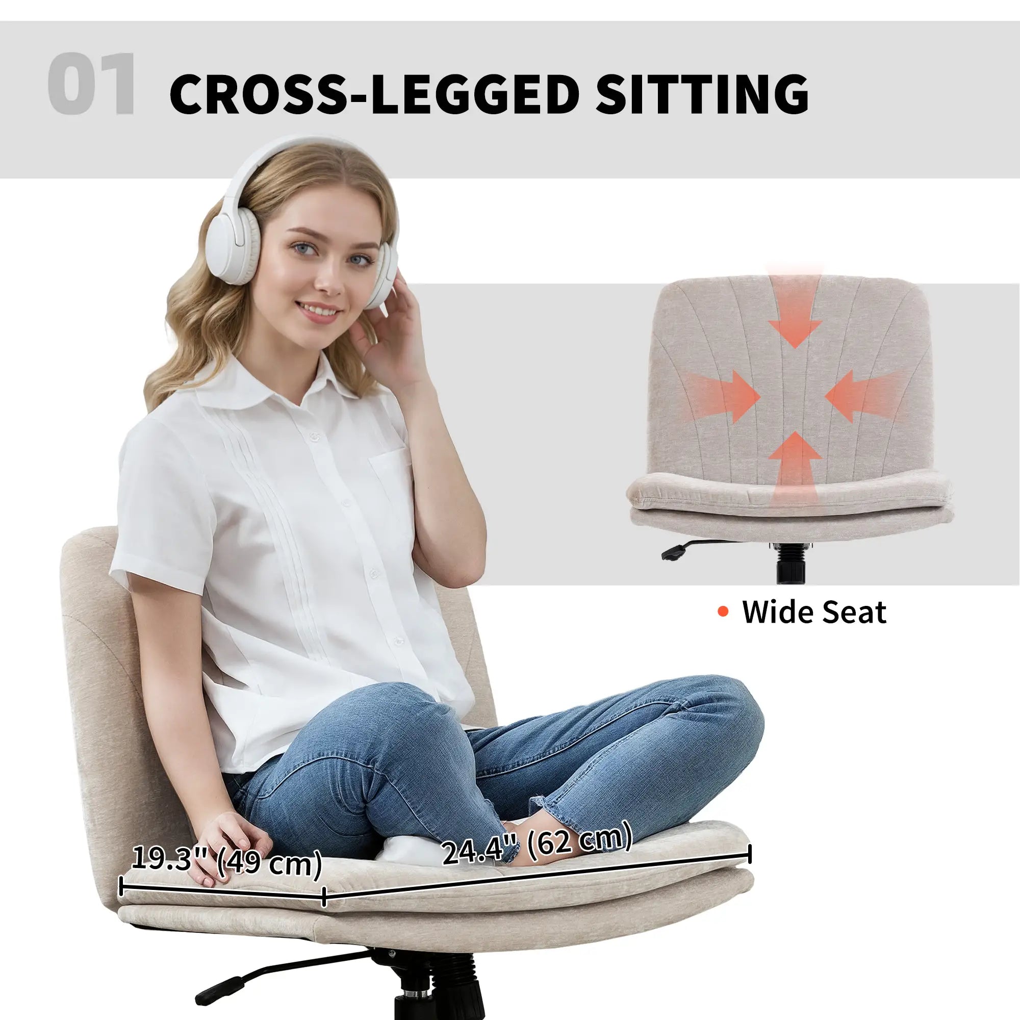 Criss Cross Chair with Wheels, Wide Office Chair, No Arms, Adjustable Height, Tilting, Beige Task Chairs at Gallery Canada