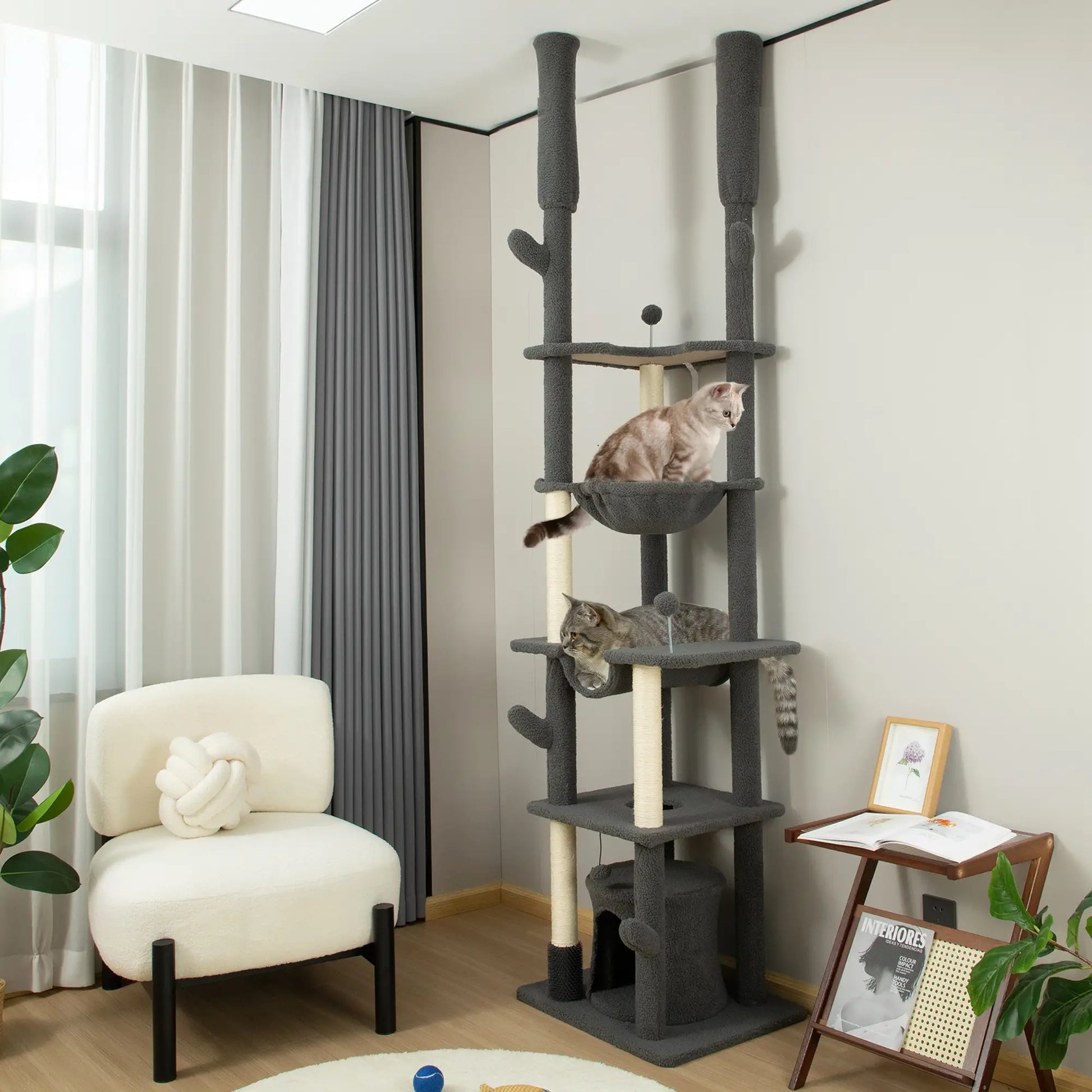 89"-100" Cat Tree Tower for Large Cats, Scratching Posts, Grooming Brush, Grey Floor to Ceiling Cat Trees at Gallery Canada