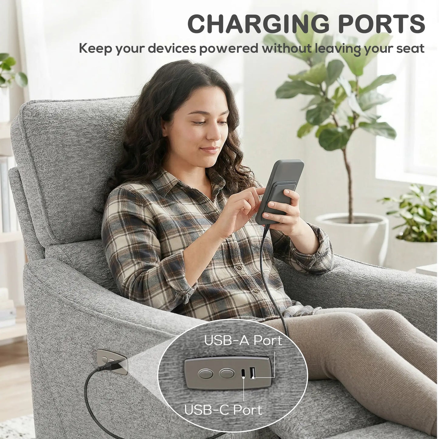 Power Recliner Chair, Linen Fabric, USB Ports, Footrest, Grey Sofas & Reclining Chairs at Gallery Canada