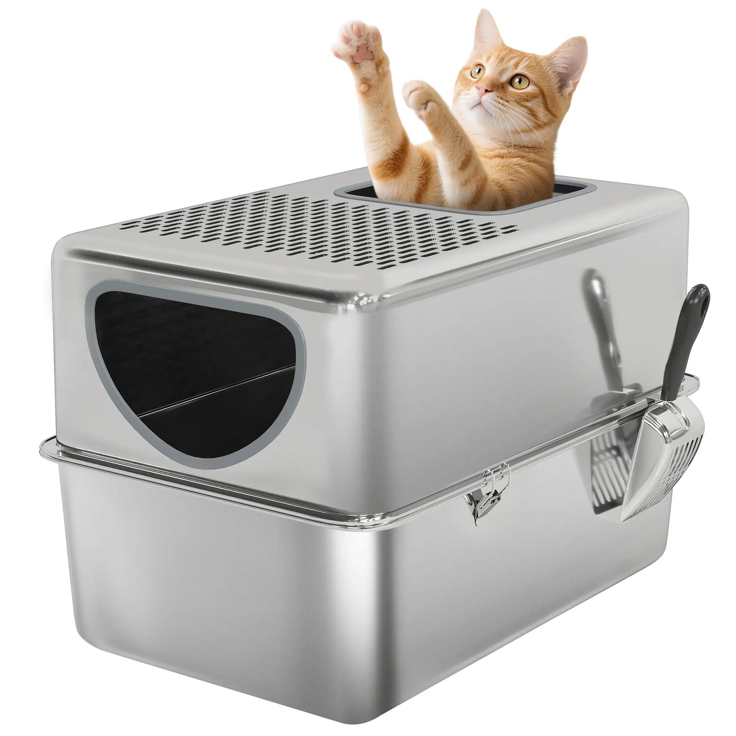 Bac à litière pour chat en acier inoxydable, extra large fermé avec couvercle, argent