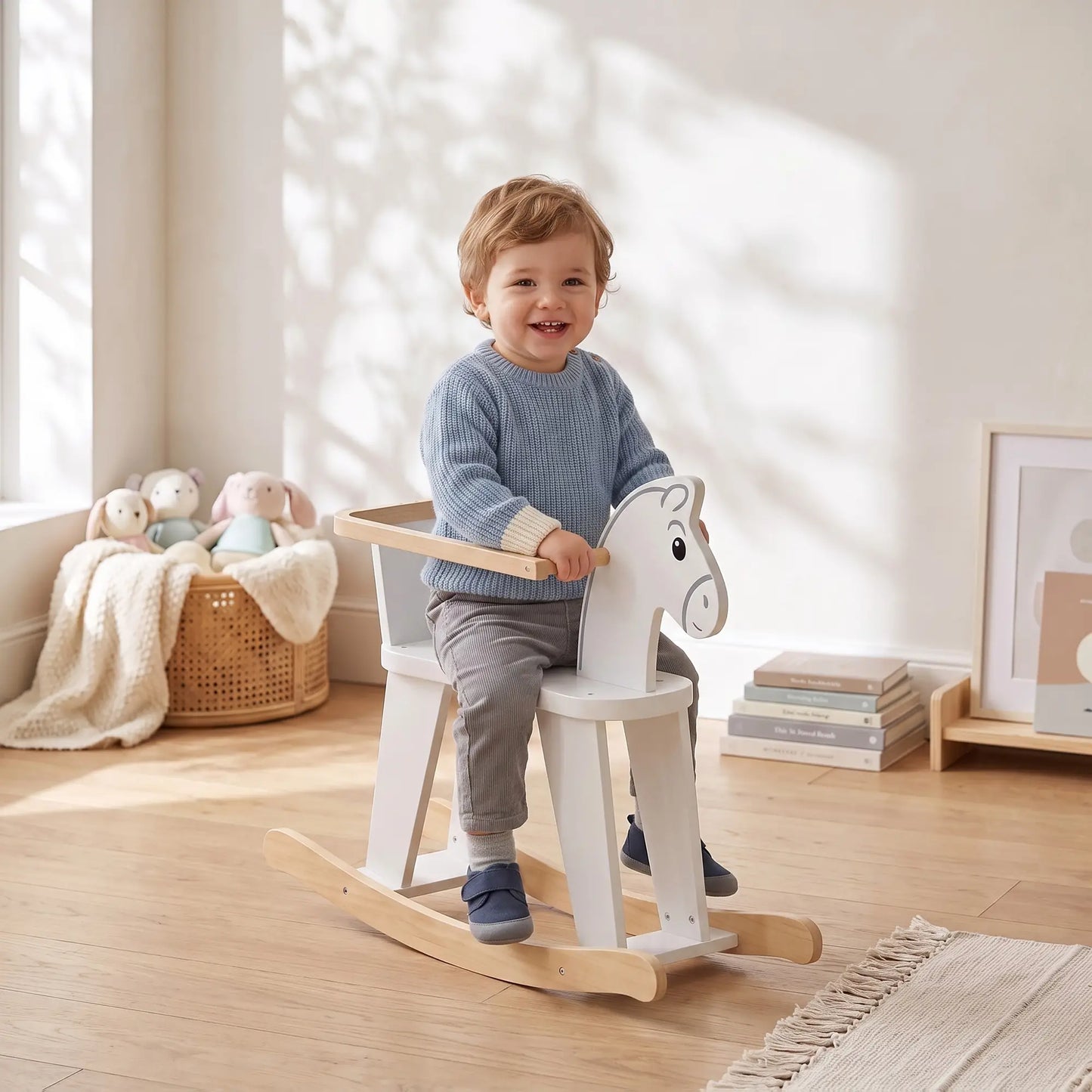 2 in 1 Rocking Horse Ride On, Removable Fence, No-Tip, White Rocking Horses at Gallery Canada