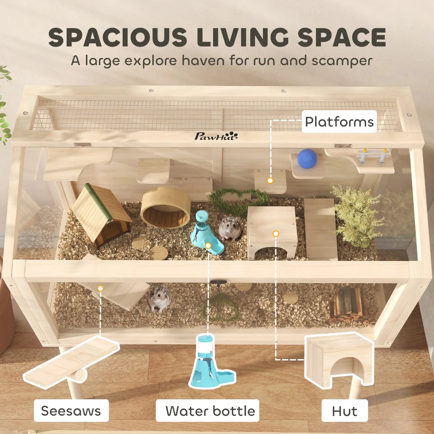 Wooden Hamster Cage With Openable Top, Seesaws, Platforms, 43.3"x20.5"x39.8" Hamster Cages at Gallery Canada
