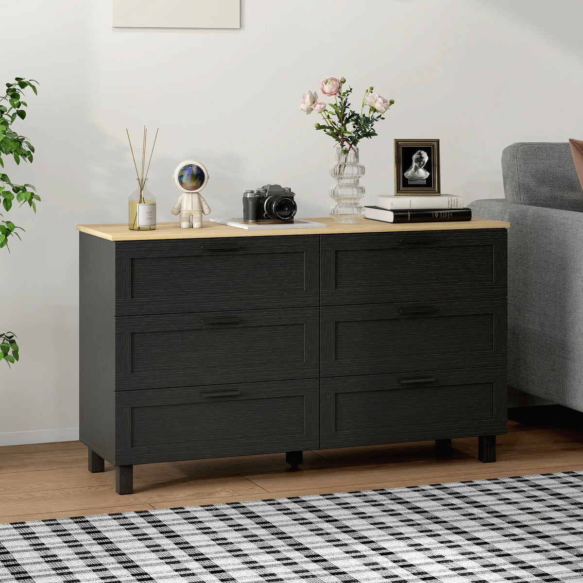 47" Wide Chest Of Drawers, Modern Dresser, 6 Drawers, Wood Legs, Black Storage Cabinets at Gallery Canada