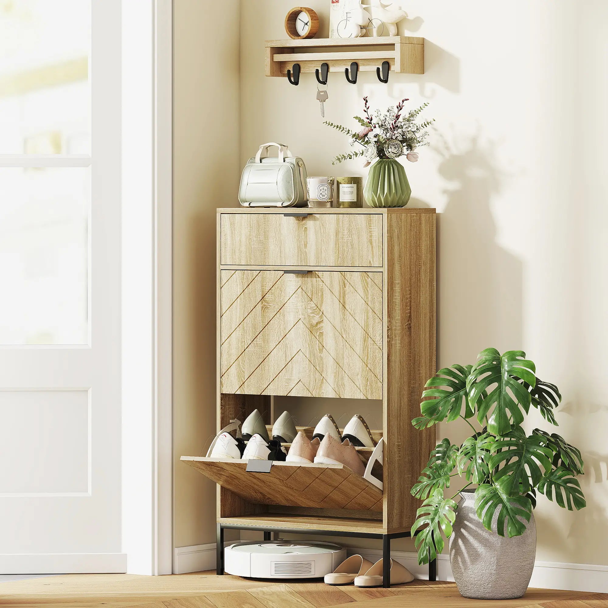 Narrow Shoe Storage Cabinet, Flip Drawers, Adjustable Shelves, Holds 8 Pairs, Oak Shoe Storage Cabinets & Racks at Gallery Canada