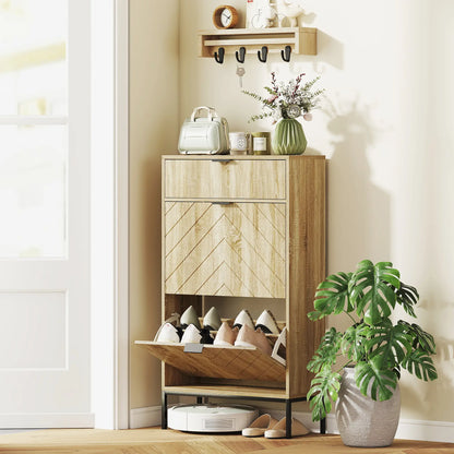 Narrow Shoe Storage Cabinet, Flip Drawers, Adjustable Shelves, Holds 8 Pairs, Oak Shoe Storage Cabinets & Racks at Gallery Canada