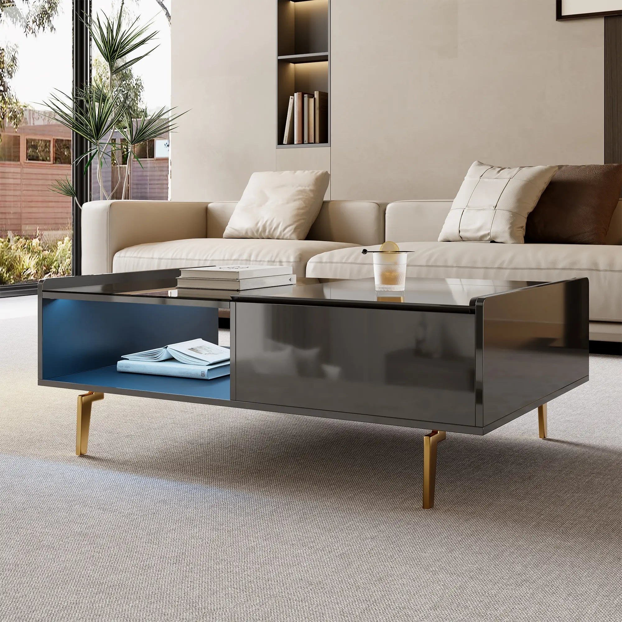 LED Coffee Table, Glass Top, Adjustable Height, Storage, 43.5