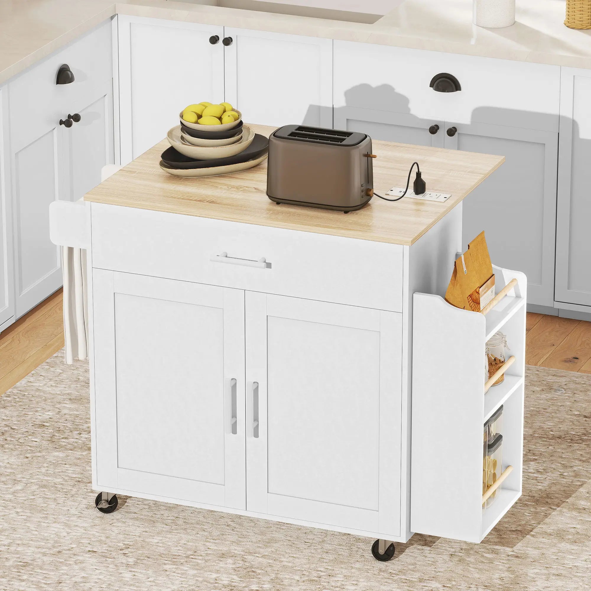 Kitchen Island with Storage, Rolling Cart, Foldable Drop Leaf, Power Outlet, USB Ports, White Kitchen Islands & Kitchen Carts at Gallery Canada