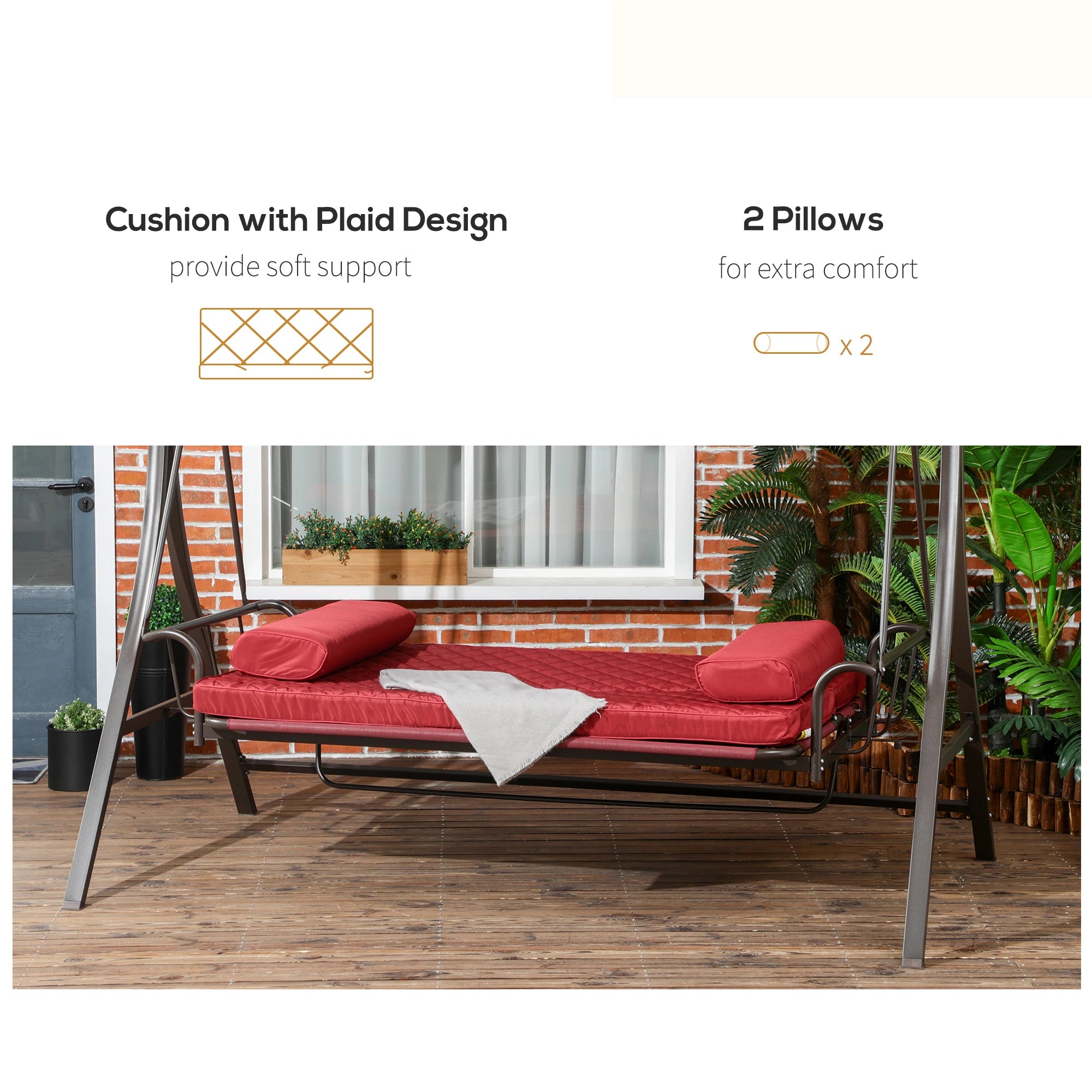 3 Person Porch Swing Bed, Outdoor Patio Chair with Canopy, Cushions, Red Patio Swings with Stand at Gallery Canada