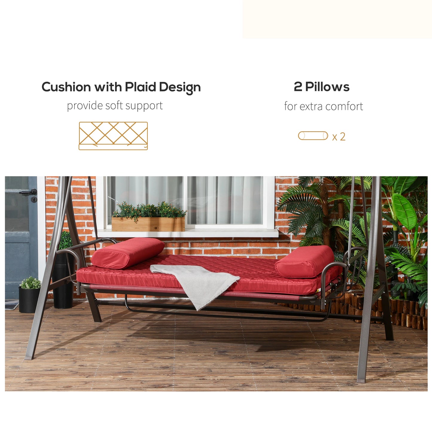 3 Person Porch Swing Bed, Outdoor Patio Chair with Canopy, Cushions, Red Patio Swings with Stand at Gallery Canada