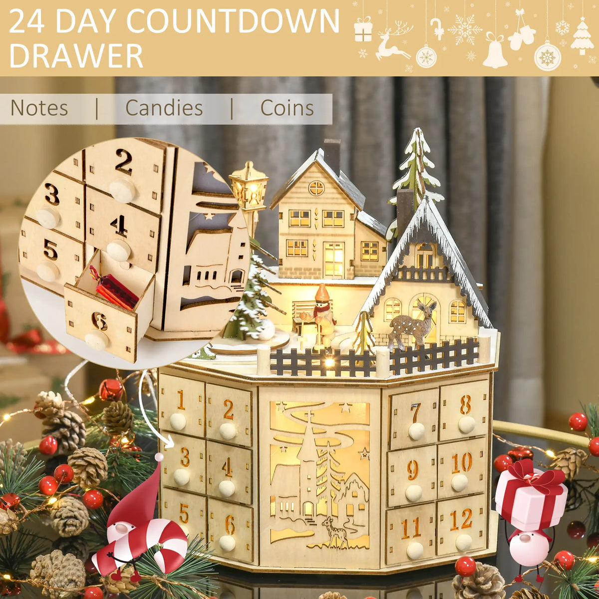Wooden Christmas Advent Calendar, Lighted 24 Days, Battery Operated, Natural Christmas Advent Calendars at Gallery Canada