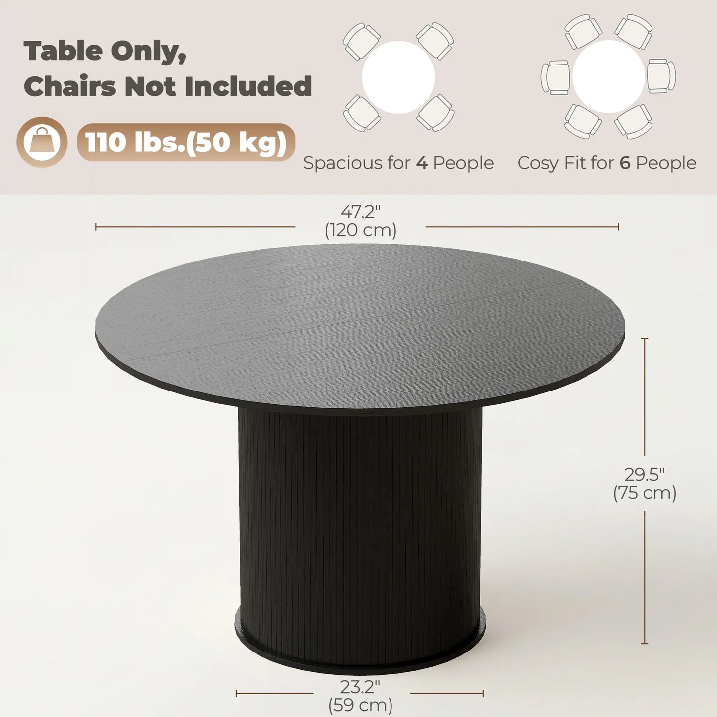 47 Inch Round Dining Table For 5, Fluted Pedestal Base, Black Dining Tables at Gallery Canada