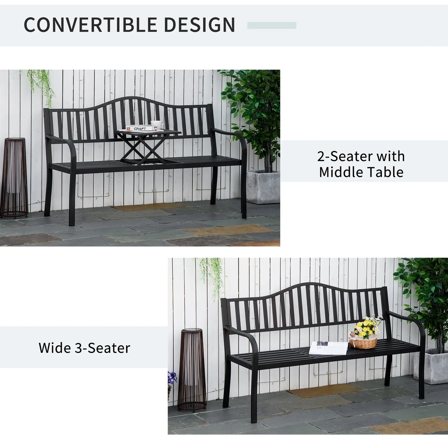 Metal Outdoor Bench with Liftable Table, Patio Loveseat, Garden Bench, Black Outdoor Benches at Gallery Canada