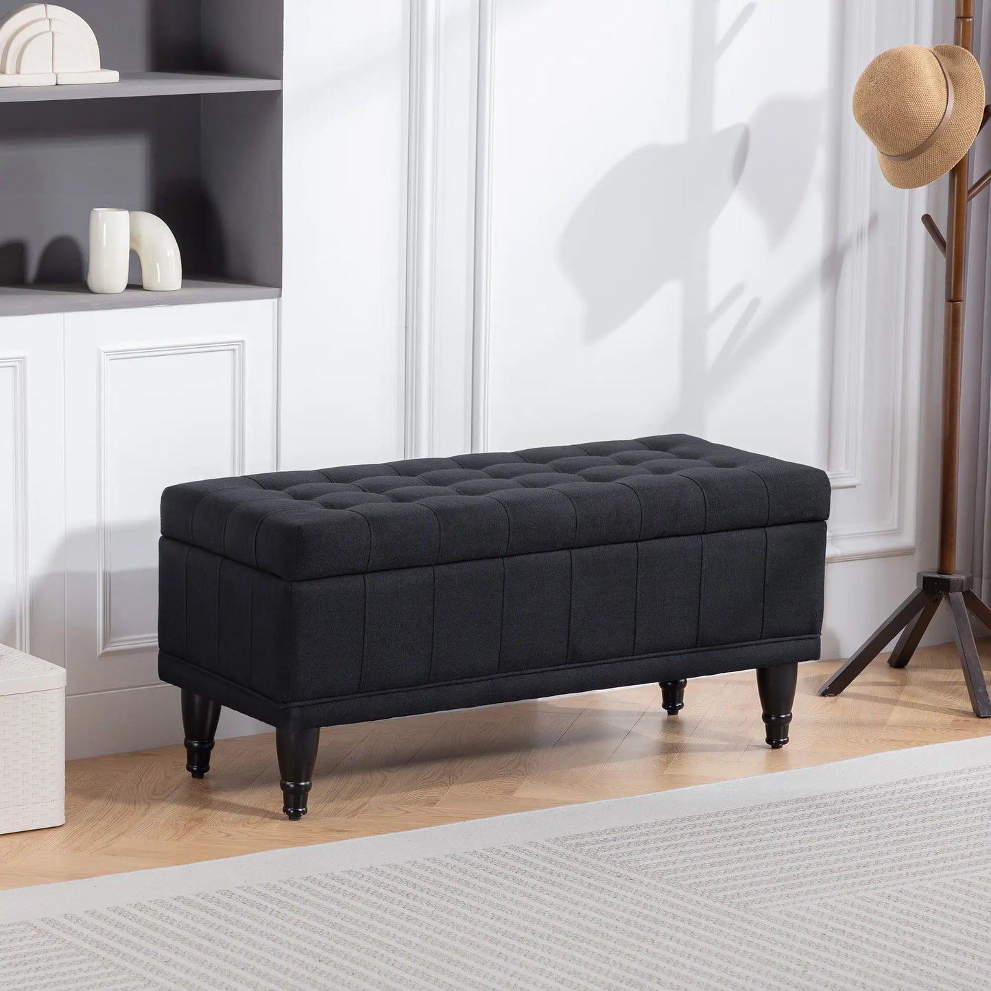 Storage Ottoman, Linen Fabric, Button Tufted, Black Storage Ottomans & Benches at Gallery Canada