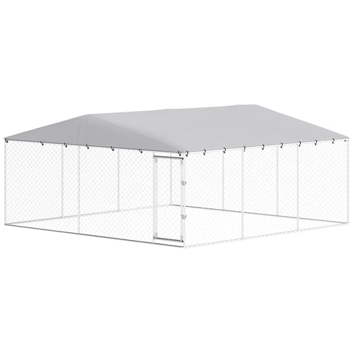 14.8' x 14.8' x 7.1' Dog Kennel, Outdoor, Waterproof Cover, Silver