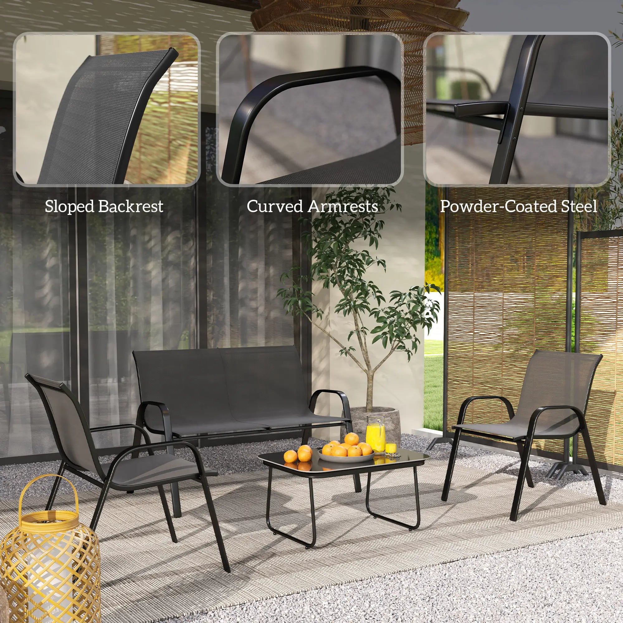 4-Piece Outdoor Furniture Set, 2 Stackable Chairs, Loveseat, Glass Coffee Table, Black Patio Furniture Sets at Gallery Canada