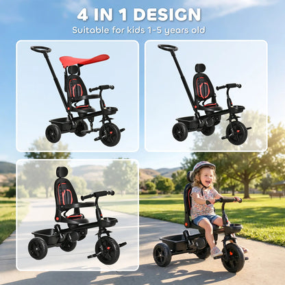Kids Tricycle, 4 In 1 Trike, Adjustable Seat, Removable Canopy, Red Tricycles for Kids at Gallery Canada
