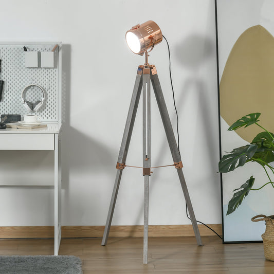 Vintage Tripod Floor Lamp, Height Adjustable Nautical Spotlight with Wood Legs, E12 Lamp Base for Living Room, Bedroom, Grey and Rose Gold - Gallery Canada