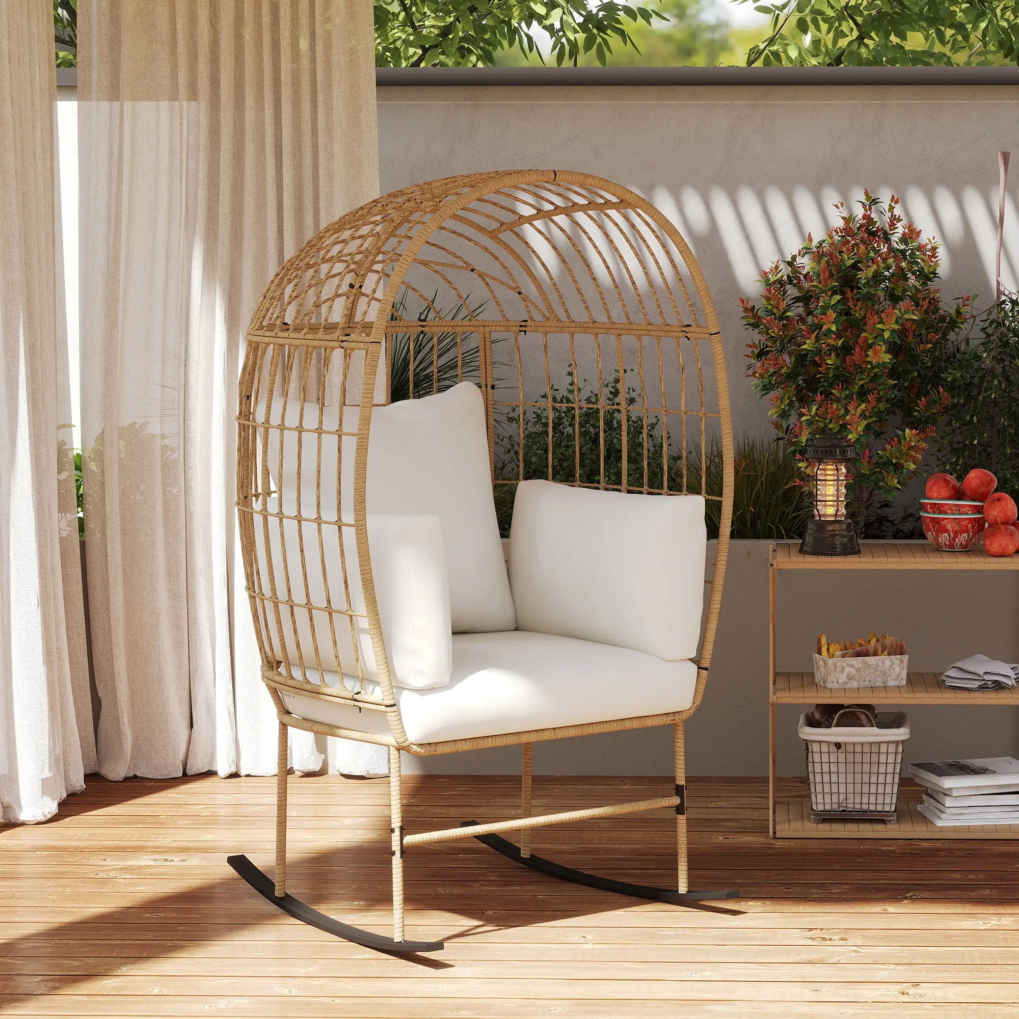 Oversized Rocking Chair, Indoor Outdoor Egg Chair, Thickened Cushions, Wicker Patio Lounger, Beige Outdoor Rocking Chairs at Gallery Canada