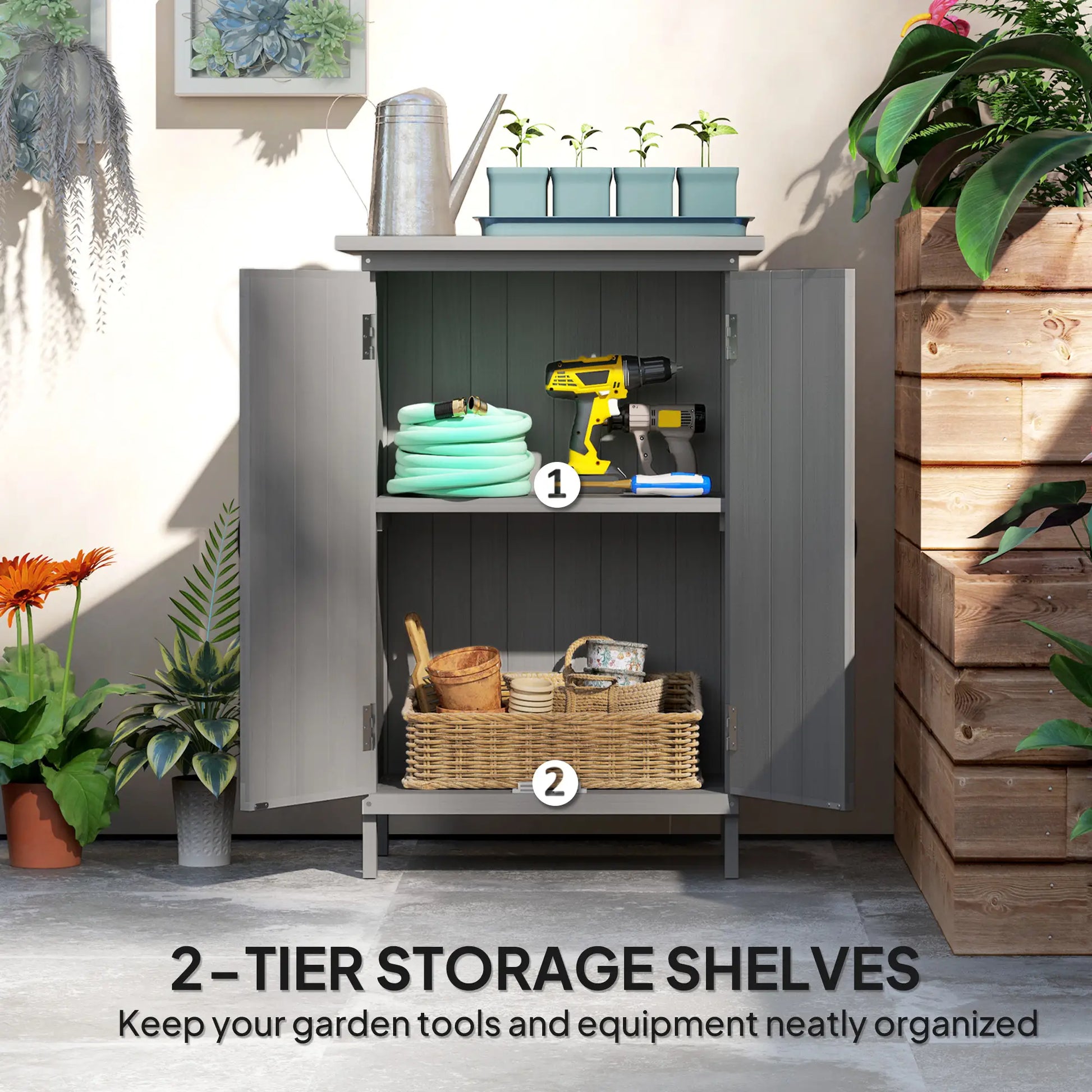 Outdoor Wooden Storage Cabinet, 2-Tier Shelves, Metal Tabletop, Grey Sheds at Gallery Canada