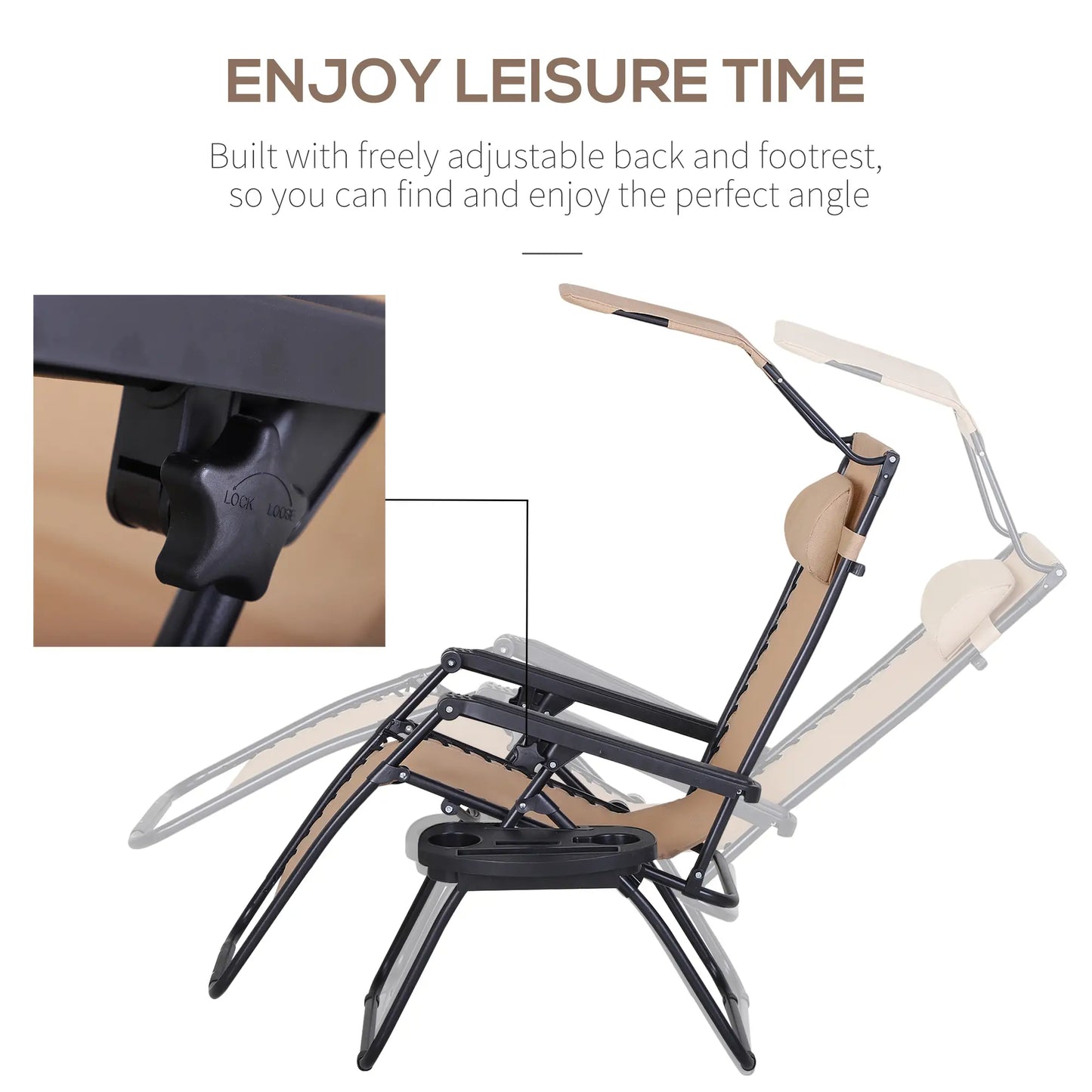 Zero Gravity Reclining Lounger Chair, Canopy Shade, Side Tray, Cupholder, Beige Lounger Chairs at Gallery Canada