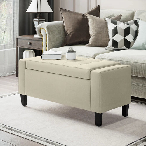 Storage Ottoman Bench, Tufted Linen Fabric, Flip Top, Beige