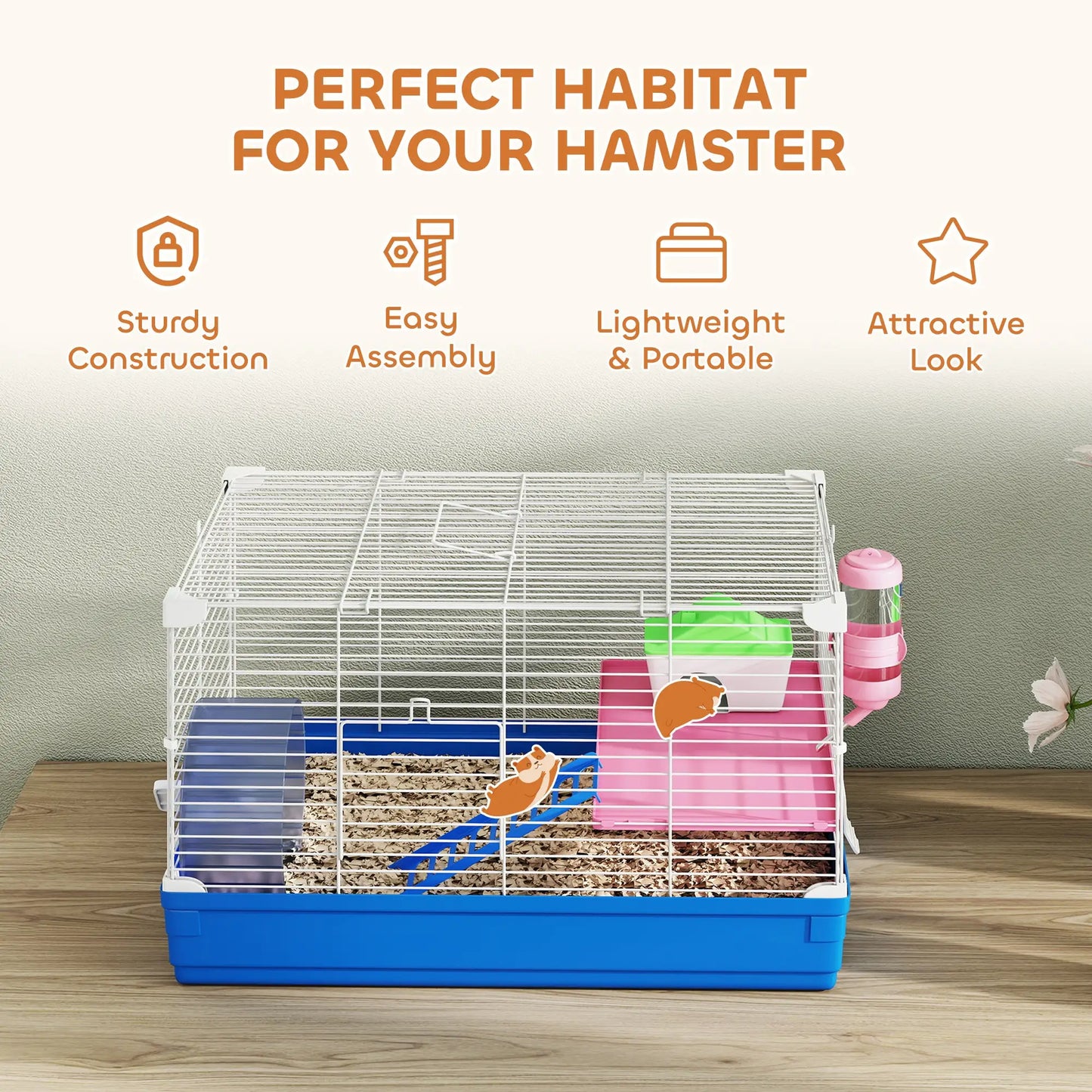 Cage à hamster de 18,5" avec roue, biberon et bol, 2 étages