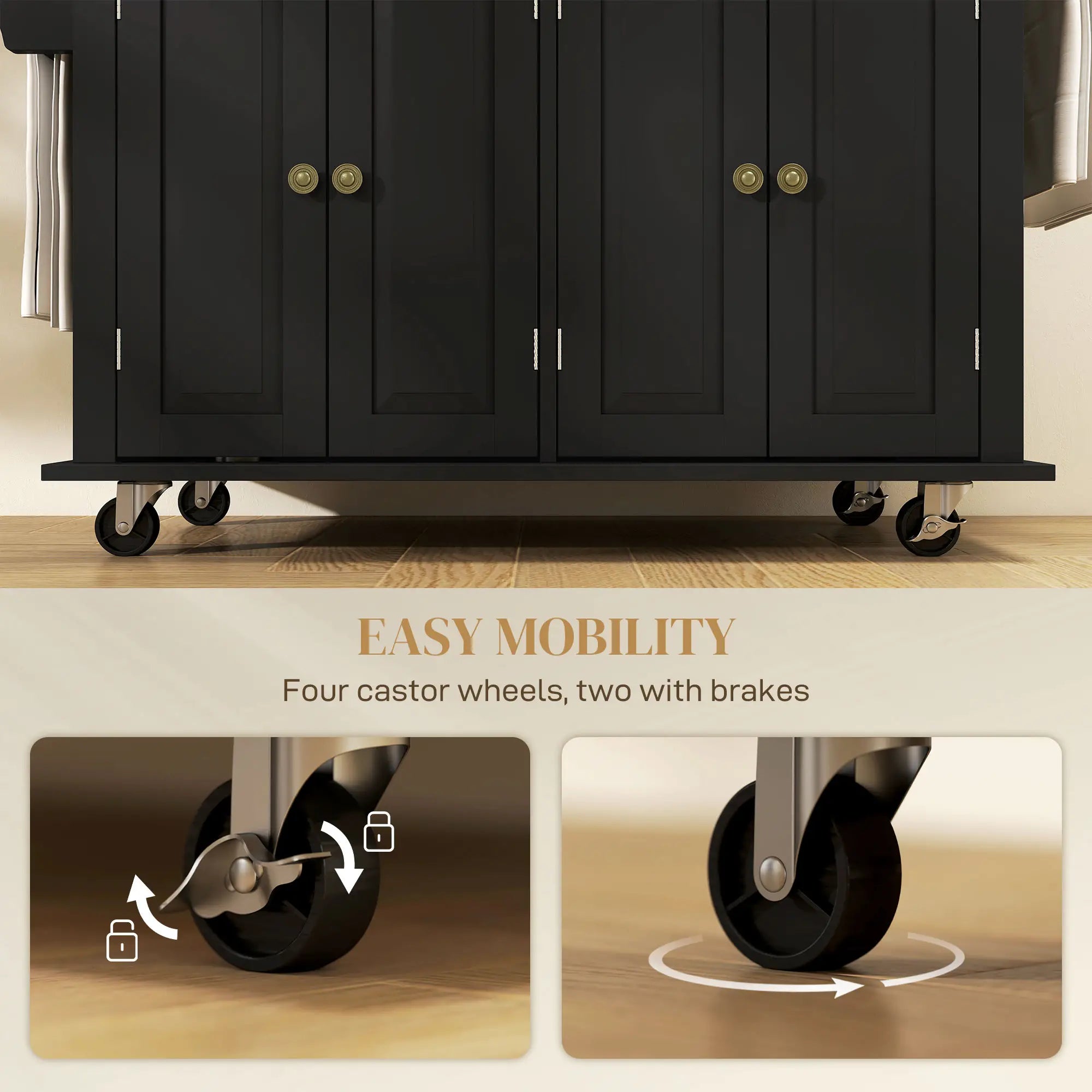 Kitchen Island with Storage, Rolling Trolley Cart with Rubber Wood Top, Spice Rack, Towel Rack, Black Kitchen Islands & Kitchen Carts at Gallery Canada