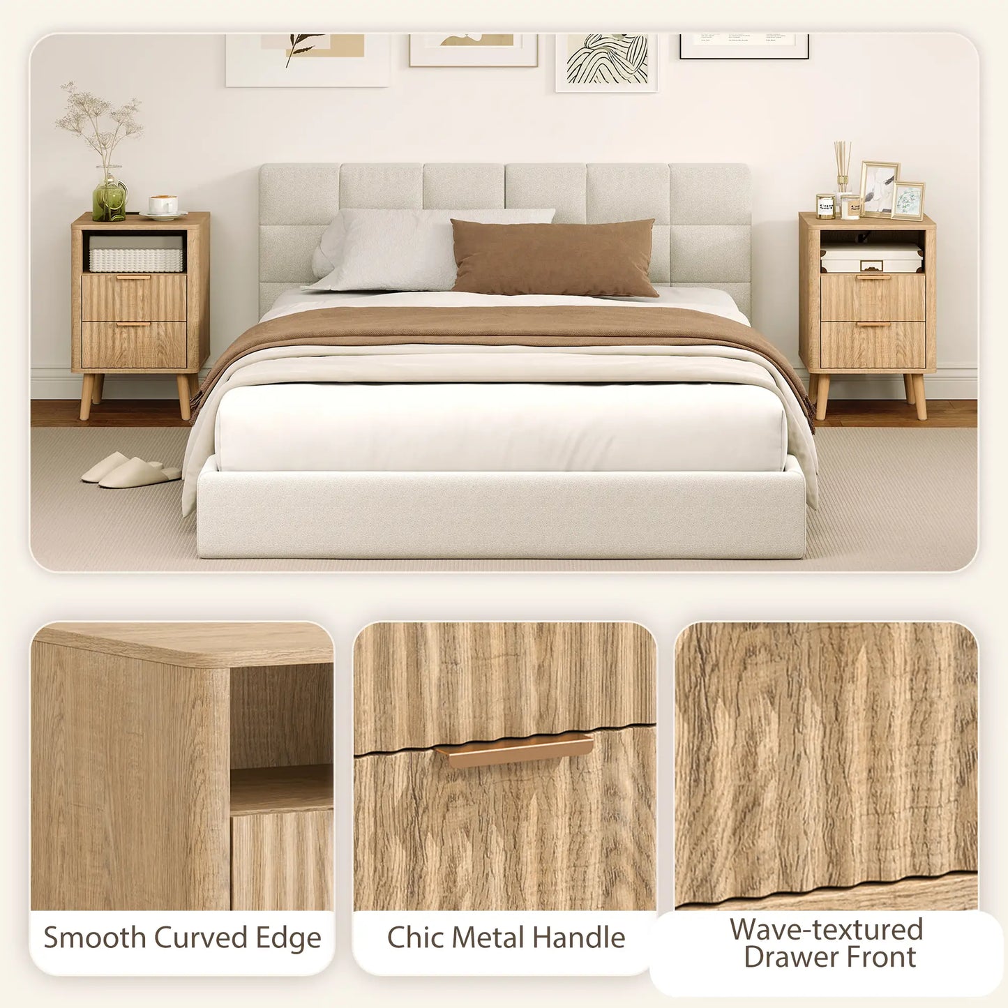 Modern Nightstands Set Of 2, Charging Station, 2 Drawers, Open Shelf, Oak Bedside Tables at Gallery Canada